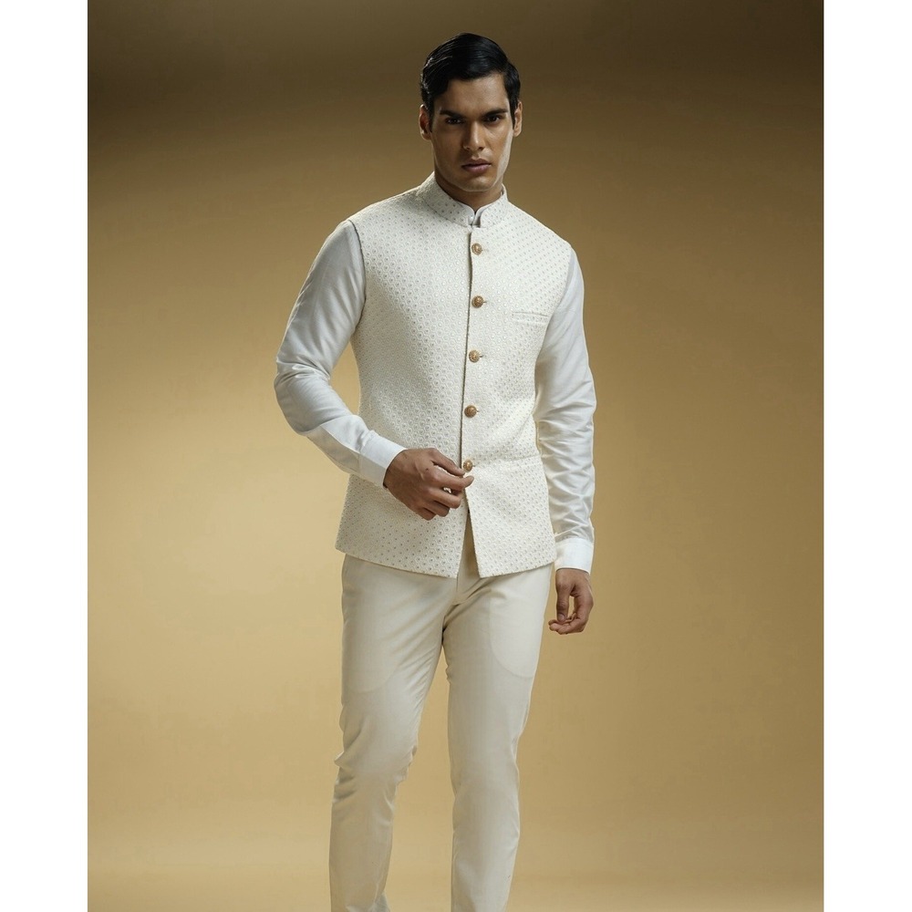 Kommel Sood Designer Nehru Jacket Sz 42R White Wedding‎ Groomsman Cotton Silk - Picture 2 of 10